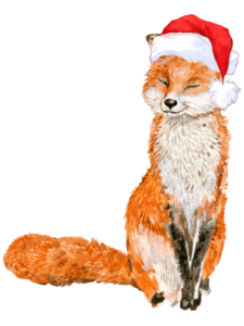 drawing of a red fox with santa hat