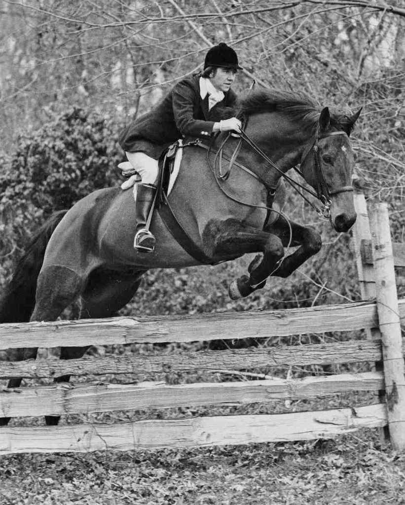 Effie Fox, woman jumping horse over plank fence