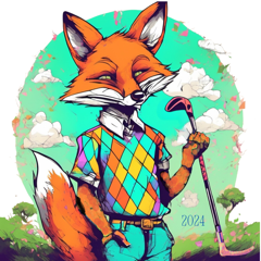 colorful drawing of fox with golf club and golf clothing